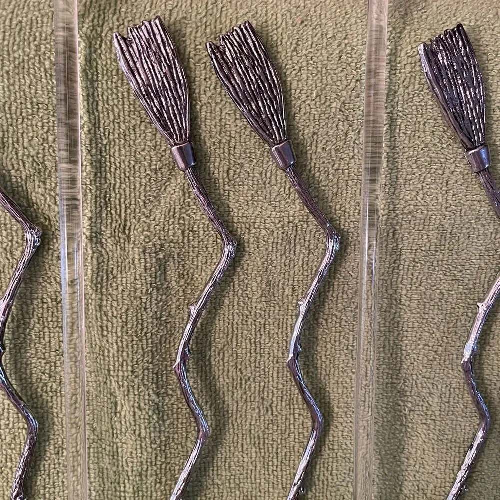 Blown Glass Witch Hat Stir Sticks Metal Broom Stir Sticks lot of 8!